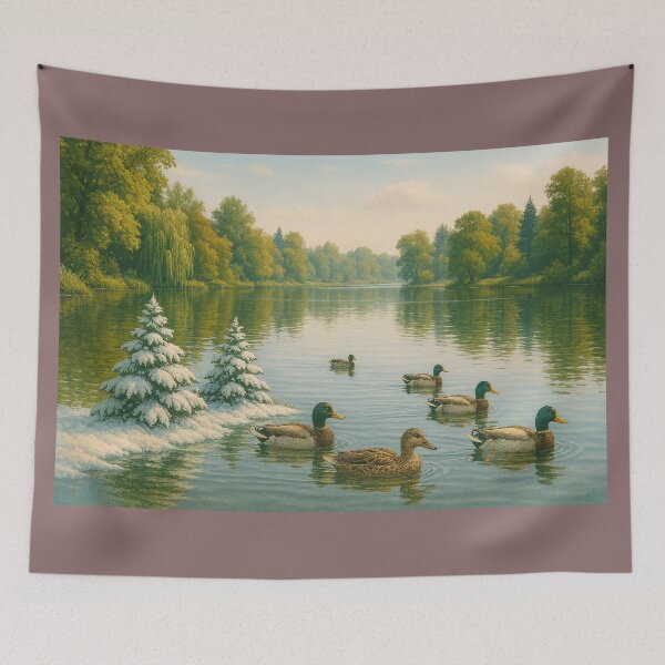 Item preview, Lago surreal com patos e pinheiros nevados designed and sold by Leonornature.