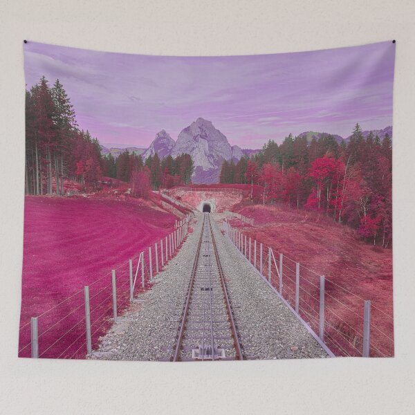 Item preview, Railway tracks in pink – path to the Alps / Swiss Artwork Photography designed and sold by Raphael Wolf.