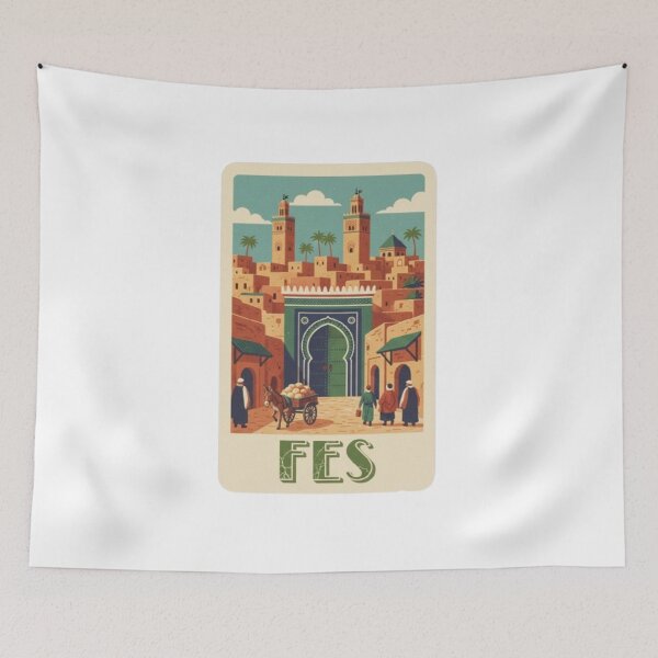Item preview, Fez Morocco Vintage Travel Poster | Green Gate Bab Bou Jeloud and Medina Scene | Traditional Moroccan Souk Illustration designed and sold by Zouak.