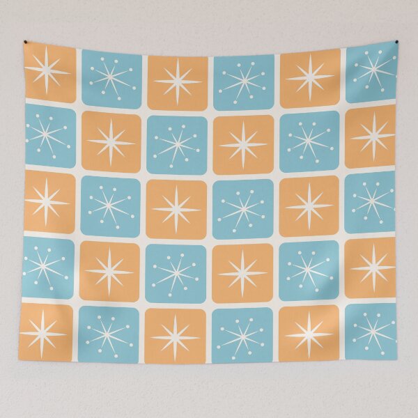 Item preview, Mid Century Atomic Stars Checks Sunny Orange Vintage Blue designed and sold by Pinkdeer Designs.