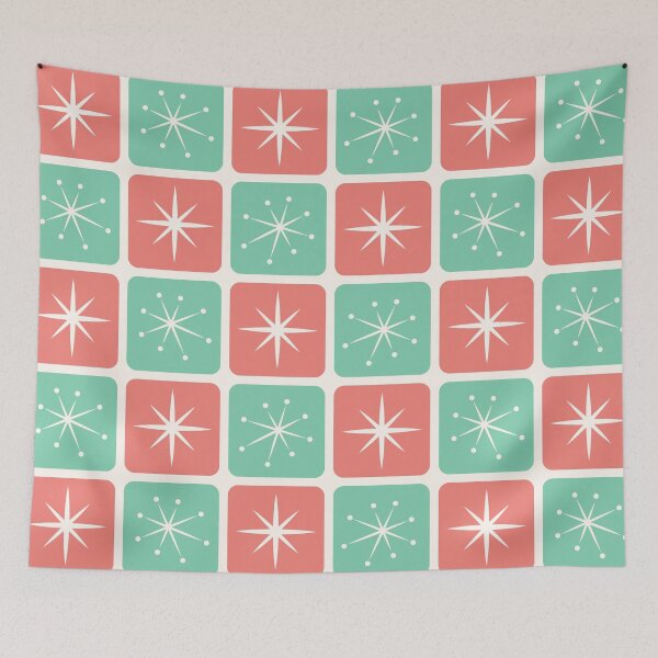Item preview, Mid Century Atomic Stars Checks Coral Red Mint Green - Vintage Christmas  designed and sold by Pinkdeer Designs.