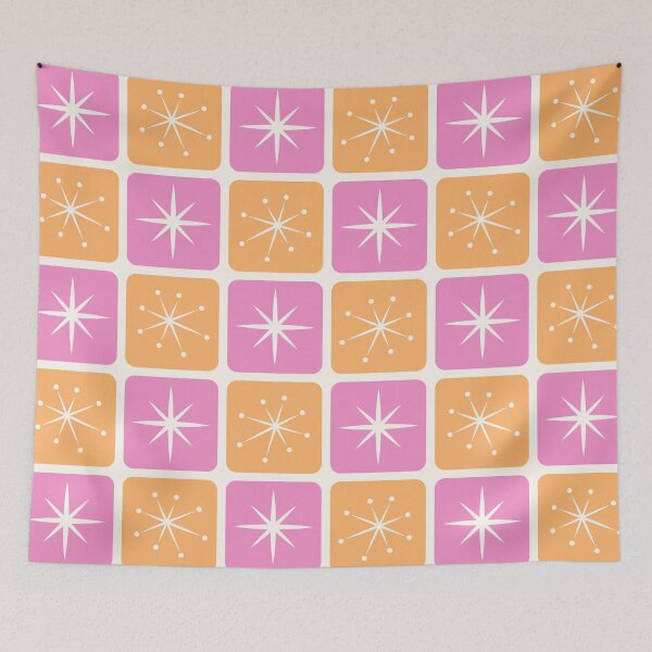Item preview, Mid Century Atomic Stars Checks Sunny Orange Bright Pink designed and sold by Pinkdeer Designs.