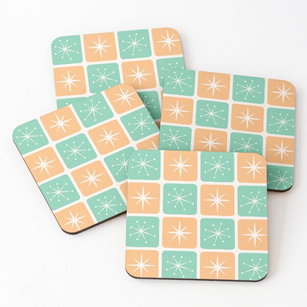 Item preview, Mid Century Atomic Stars Checks Sunny Orange Mint Green designed and sold by Pinkdeer Designs.