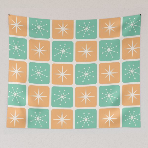 Item preview, Mid Century Atomic Stars Checks Sunny Orange Mint Green designed and sold by Pinkdeer Designs.