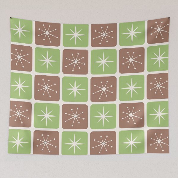 Item preview, Mid Century Atomic Stars Checks Lime Green Brown designed and sold by Pinkdeer Designs.