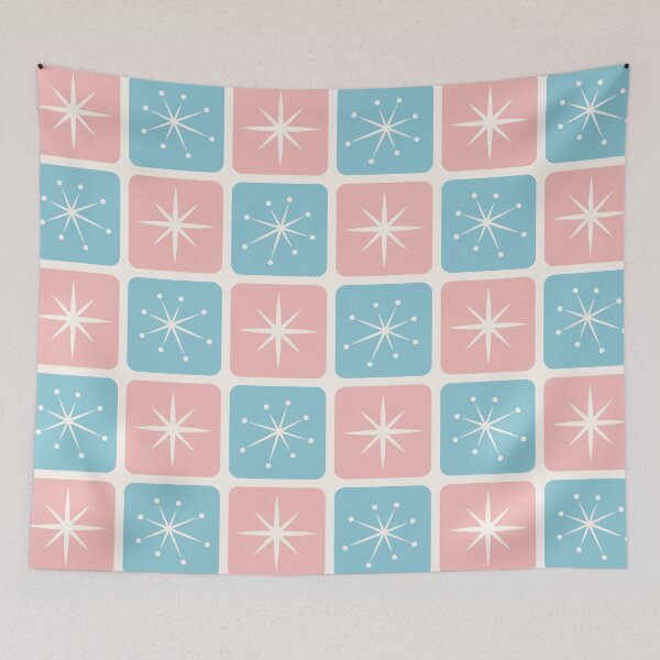 Item preview, Mid Century Atomic Stars Checks Vintage Blue Soft Pink designed and sold by Pinkdeer Designs.