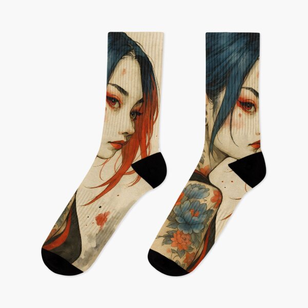 Item preview, Watercolor Japanese Geisha Fusion – Blue & Red Vintage Style designed and sold by Fregoli 2D.
