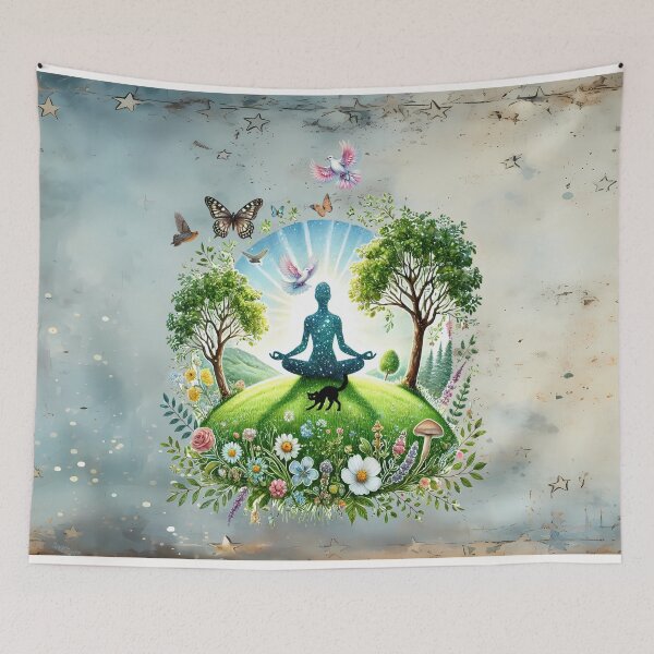 Item preview, Enchanted Meadow of Stillness with buddha and black cat designed and sold by MysticOzzy.