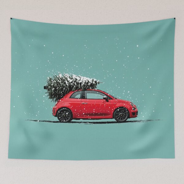 Item preview, Red Fiat 500 Abarth with Christmas Tree designed and sold by blackdogshop.