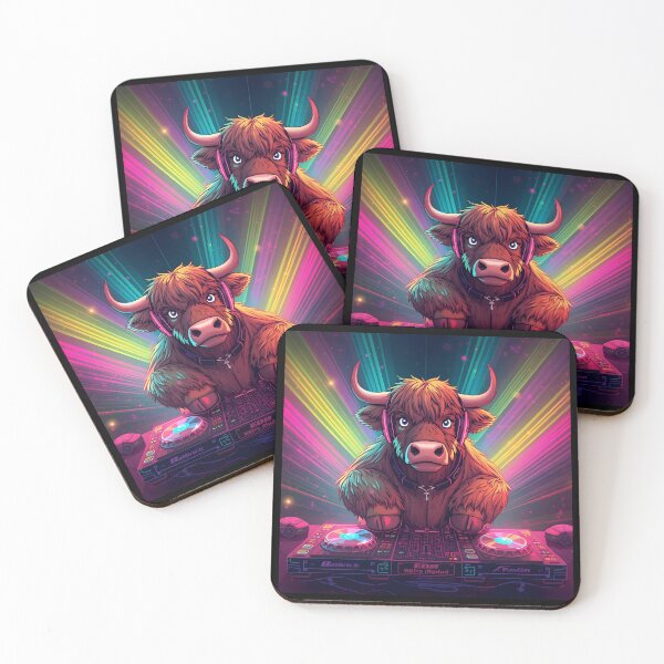 Item preview, DJ Highland Cow – Colorful Neon DJ Booth Electronic Music Art designed and sold by Bawek85Designs.