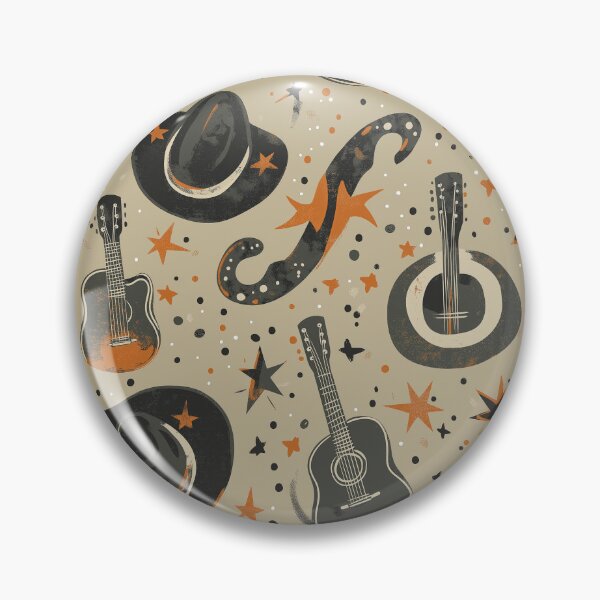 Artikelvorschau, Mid-Century Western Pattern – Starry Range: Rustic Firefly Rodeo with Cowboy Hats, Guitars & Stars in Beige, Black, Orange & White entworfen und verkauft von The Print Parlor.