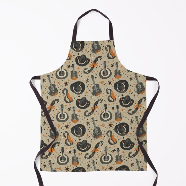 Artikelvorschau, Mid-Century Western Pattern – Starry Range: Rustic Firefly Rodeo with Cowboy Hats, Guitars & Stars in Beige, Black, Orange & White entworfen und verkauft von The Print Parlor.