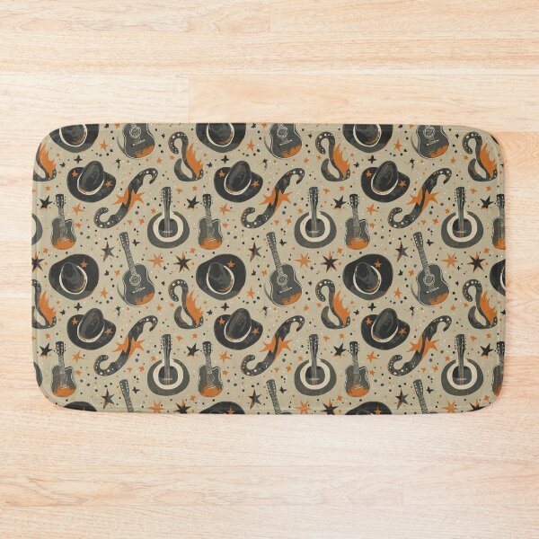 Item preview, Mid-Century Western Pattern – Starry Range: Rustic Firefly Rodeo with Cowboy Hats, Guitars & Stars in Beige, Black, Orange & White designed and sold by The Print Parlor.