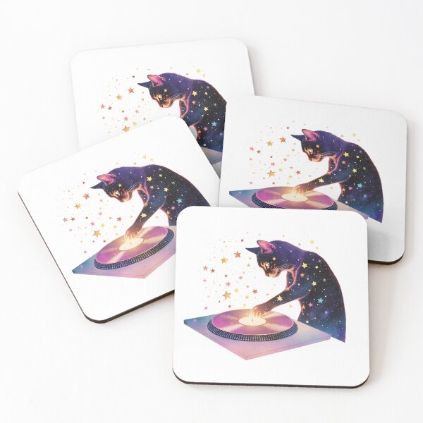 Item preview, Cat DJ mixes cosmic beats at a vibrant party in a colorful universe space setting designed and sold by SpaceartLilu.