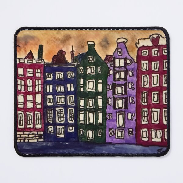 Item preview, "The Dancing Houses of Amsterdam" - Whimsical Canal Cityscape Painting designed and sold by Brody Schenk Art.