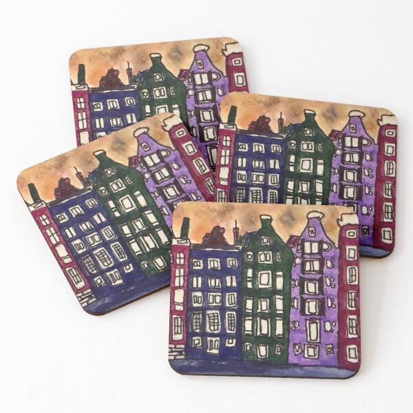 Item preview, "The Dancing Houses of Amsterdam" - Whimsical Canal Cityscape Painting designed and sold by Brody Schenk Art.