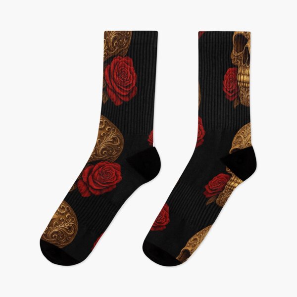 Item preview, Golden skull with red roses designed and sold by LaNadaYFundante.