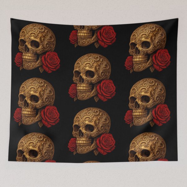 Item preview, Golden skull with red roses designed and sold by LaNadaYFundante.