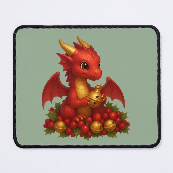 Item preview, Red & Gold Baby Dragon with Holly Berries and Jingle Bells / Cute Holiday Dragon Art designed and sold by Hatchling Hollow.