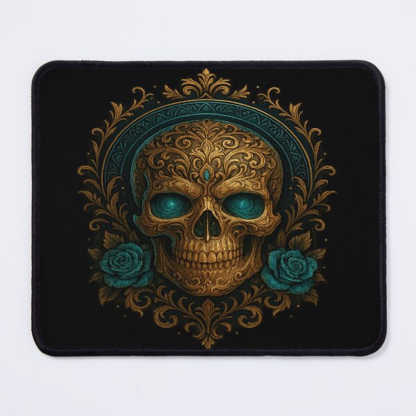 Item preview, Ornate golden skull with teal roses designed and sold by LaNadaYFundante.