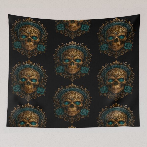 Item preview, Ornate golden skull with teal roses designed and sold by LaNadaYFundante.