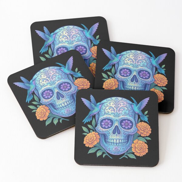 Item preview, Sugar Skull with Hummingbirds and Marigolds designed and sold by LaNadaYFundante.