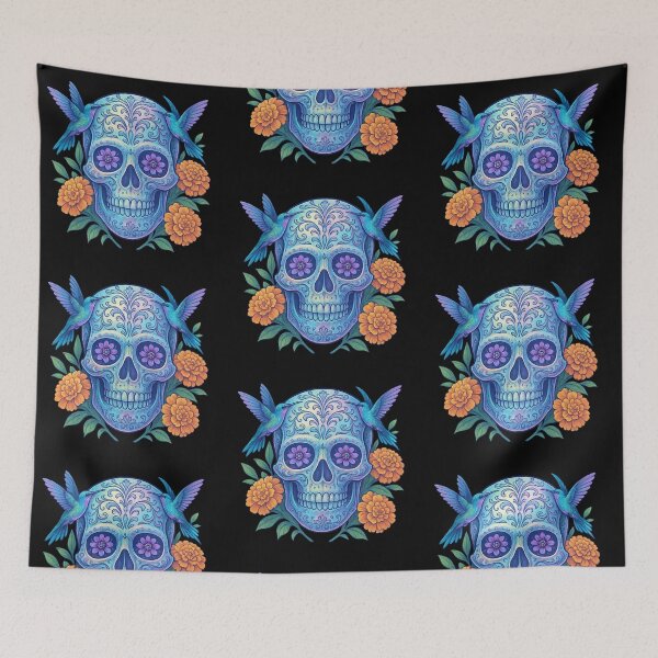 Item preview, Sugar Skull with Hummingbirds and Marigolds designed and sold by LaNadaYFundante.