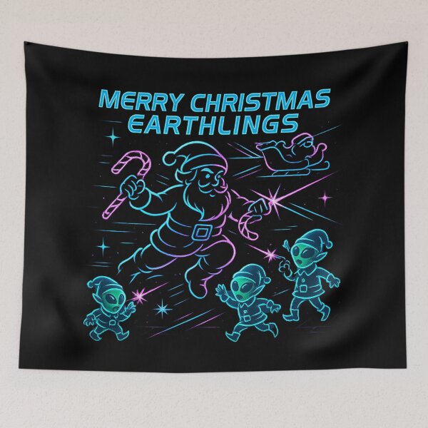 Item preview, Merry Christmas Earthlings – Neon Sci-Fi Santa & Alien Elves designed and sold by AddictiveDesign.