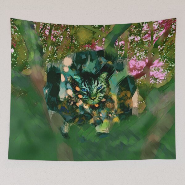 Item preview, MY MAGICAL AUTUMN - CAT IN TREE IN SHADES OF FERN GREEN, LAUREL, ORANGE, BLUE AND SOFT ROSE PINK designed and sold by Most1234.
