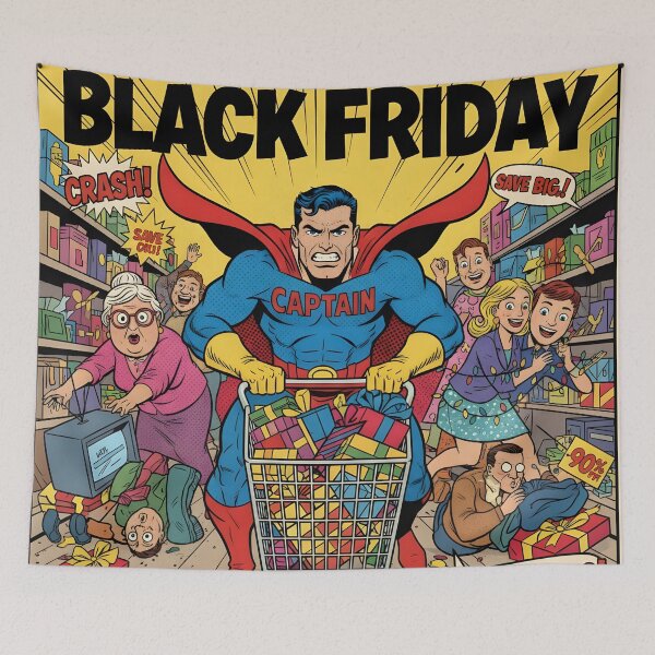 Item preview, Captain Black Friday Doorbusters Comic Art | Superhero Shopping Sale Chaos designed and sold by VibranPalette.