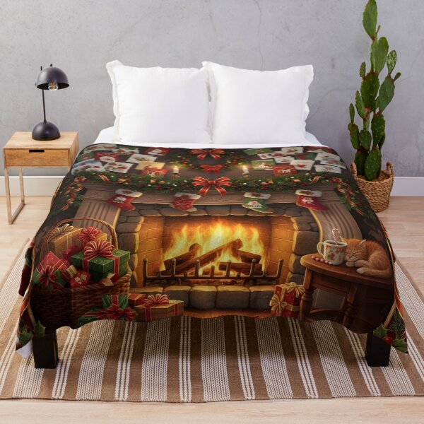 Item preview, Cozy Christmas Fireplace Scene with Stockings, Gifts & Cat designed and sold by FusionGaze.