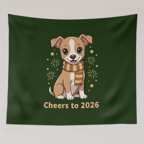 Item preview, Happy New Year 2026 - Cute Whippet Puppy wearing Striped Scarf designed and sold by The Real Life Symphony.