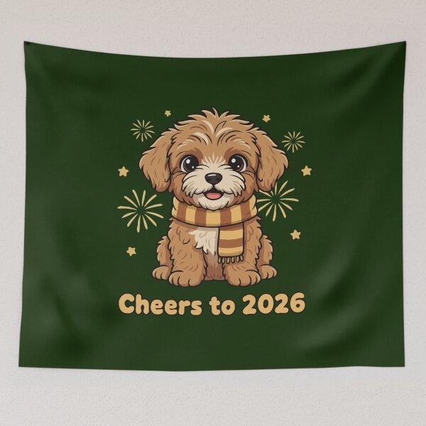 Item preview, Happy New Year 2026 - Cute Puli Puppy wearing Striped Scarf designed and sold by The Real Life Symphony.