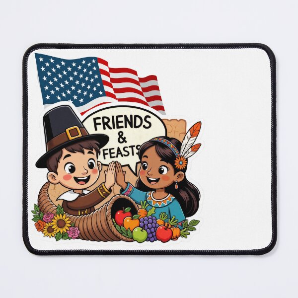 Item preview, Thanksgiving Celebration – Pilgrim Man and Native Woman with USA Flag designed and sold by MiracleDroplet.