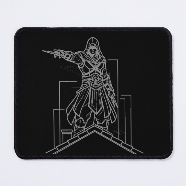 Item preview, Hooded Assassin White Line Art – Minimalist Rooftop Outline Vector Design designed and sold by kanjxtan.