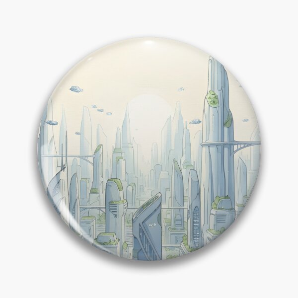 Item preview, Wide view of a pristine sustainable futuristic city at sunrise designed and sold by homydesign.
