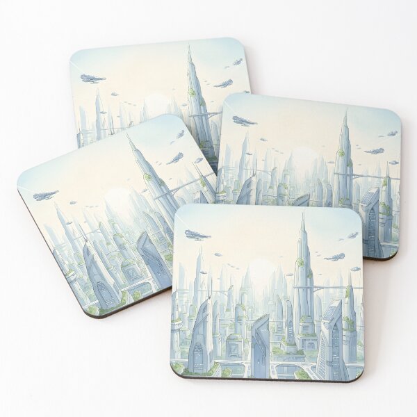 Item preview, Wide view of a pristine sustainable futuristic city at sunrise designed and sold by homydesign.