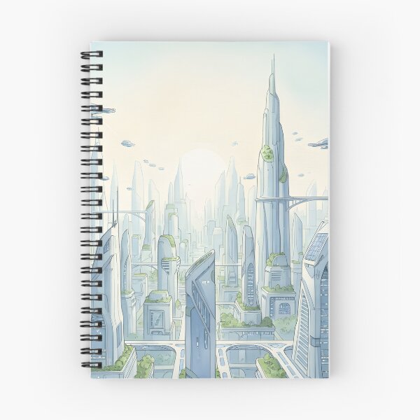Item preview, Wide view of a pristine sustainable futuristic city at sunrise designed and sold by homydesign.