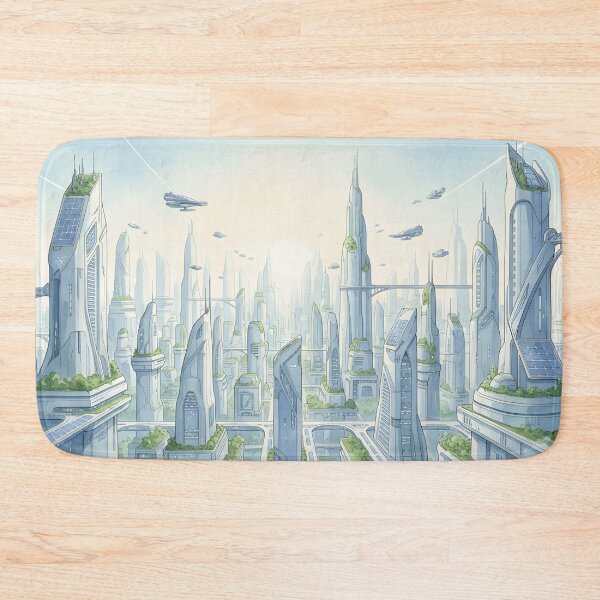 Item preview, Wide view of a pristine sustainable futuristic city at sunrise designed and sold by homydesign.
