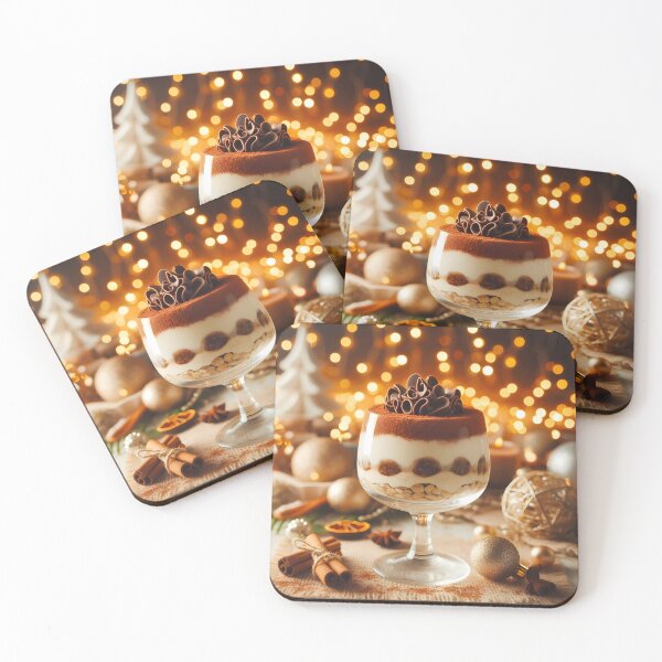 Item preview, A festive tiramisu dessert in a glass goblet, topped with chocolate swirls and cocoa powder, sits amidst holiday decorations and warm glowing lights designed and sold by homydesign.