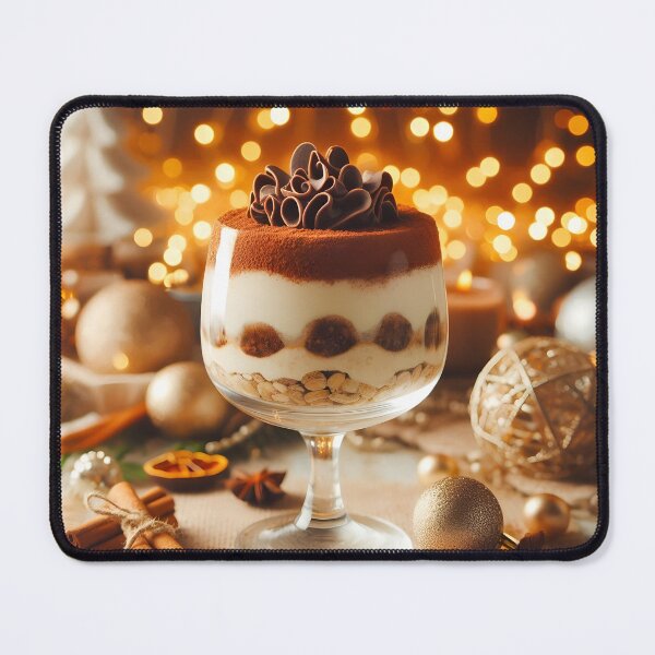 Item preview, A festive tiramisu dessert in a glass goblet, topped with chocolate swirls and cocoa powder, sits amidst holiday decorations and warm glowing lights designed and sold by homydesign.