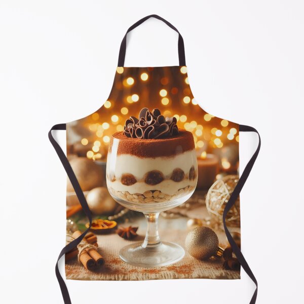 Item preview, A festive tiramisu dessert in a glass goblet, topped with chocolate swirls and cocoa powder, sits amidst holiday decorations and warm glowing lights designed and sold by homydesign.