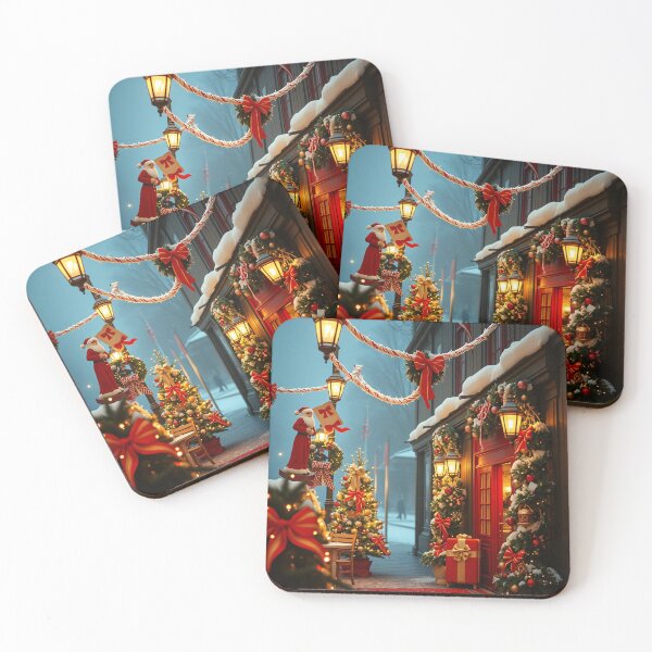 Item preview, A charming winter street scene with a festive Christmas decor, featuring a decorated shop with a red door, a Santa statue, and a Christmas tree designed and sold by homydesign.