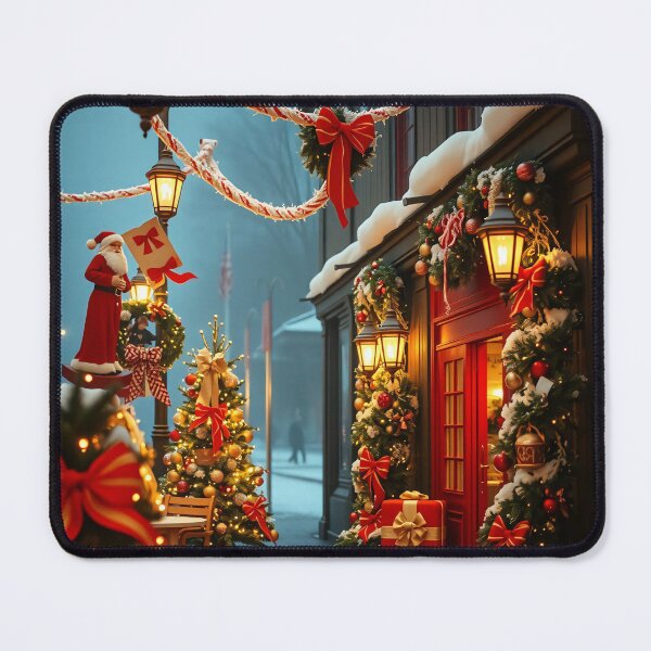 Item preview, A charming winter street scene with a festive Christmas decor, featuring a decorated shop with a red door, a Santa statue, and a Christmas tree designed and sold by homydesign.