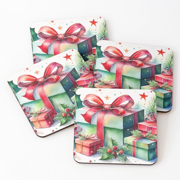Item preview, A festive watercolor painting features a pile of beautifully wrapped Christmas presents adorned with red bows, holly leaves, and berries designed and sold by homydesign.