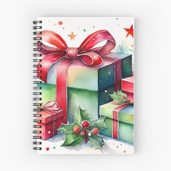 Item preview, A festive watercolor painting features a pile of beautifully wrapped Christmas presents adorned with red bows, holly leaves, and berries designed and sold by homydesign.