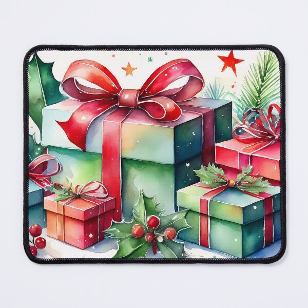 Item preview, A festive watercolor painting features a pile of beautifully wrapped Christmas presents adorned with red bows, holly leaves, and berries designed and sold by homydesign.