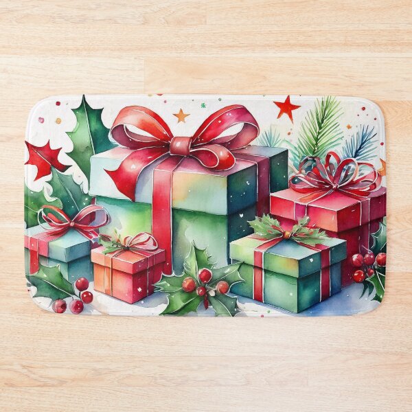 Item preview, A festive watercolor painting features a pile of beautifully wrapped Christmas presents adorned with red bows, holly leaves, and berries designed and sold by homydesign.