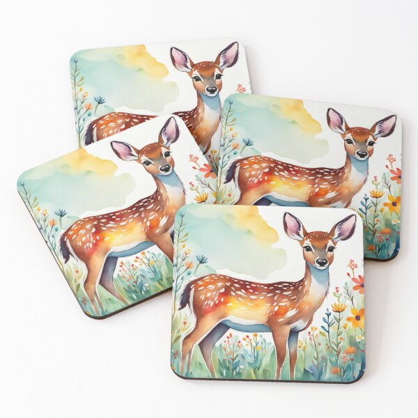 Item preview, A Cute Deer Happily in A Sunny Meadow With Wildflowers in Cartoon Watercolor Painting designed and sold by MyArt23.