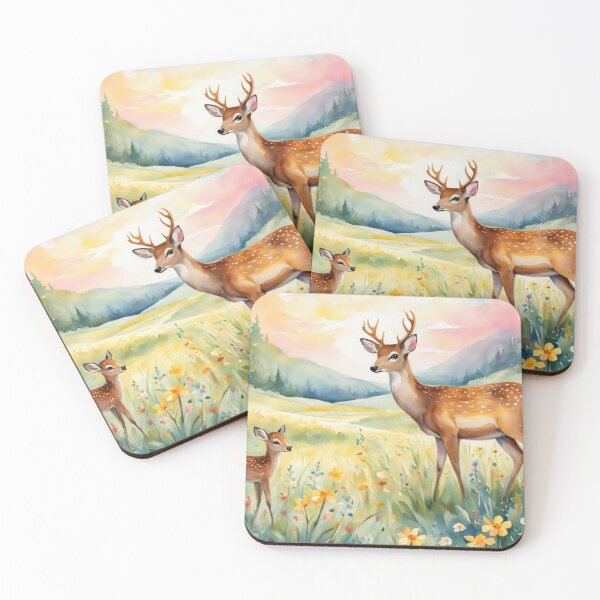 Item preview, Cute Deer Happily in A Sunny Meadow With Wildflowers in Cartoon Watercolor Painting designed and sold by MyArt23.